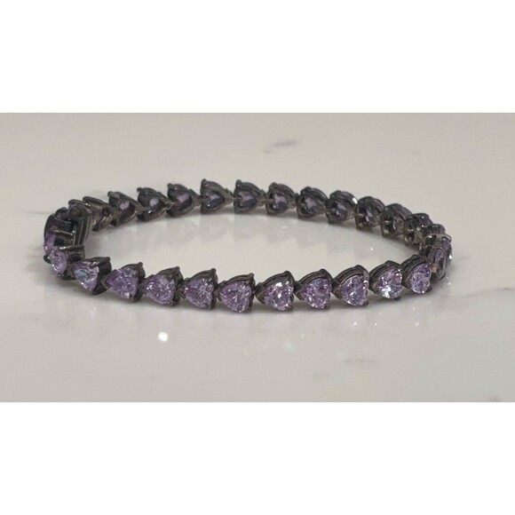 Vintage Sterling Silver Bracelet Purple Glass Heart Stones Signed 7" - Picture 6 of 14